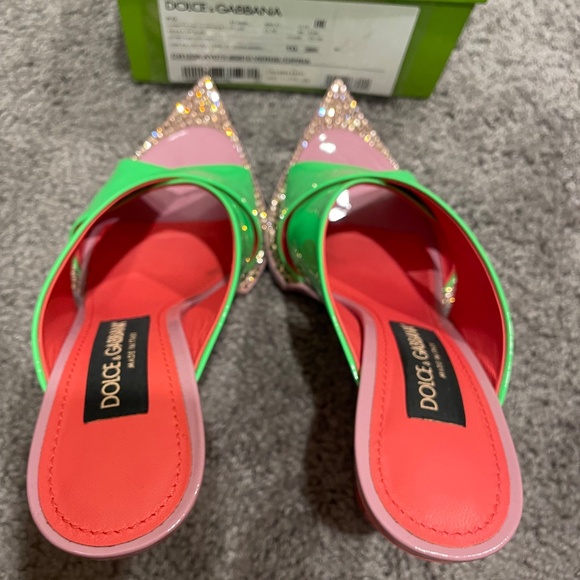 DOLCE & GABBANA Tapered-Heel Green Pink Leather Open-Crystal Toe Leather Sandals - Picture 11 of 15
